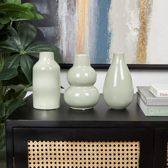 8" Green Ceramic Minimalistic Rounded Vase Set